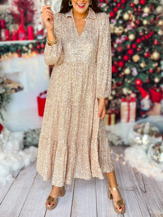 Sequin Long Sleeve Maxi Dress